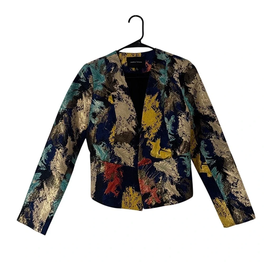 Jealous Tomato Women's‎ Abstract Metallic Brocade Open Front Blazer Multi Size S